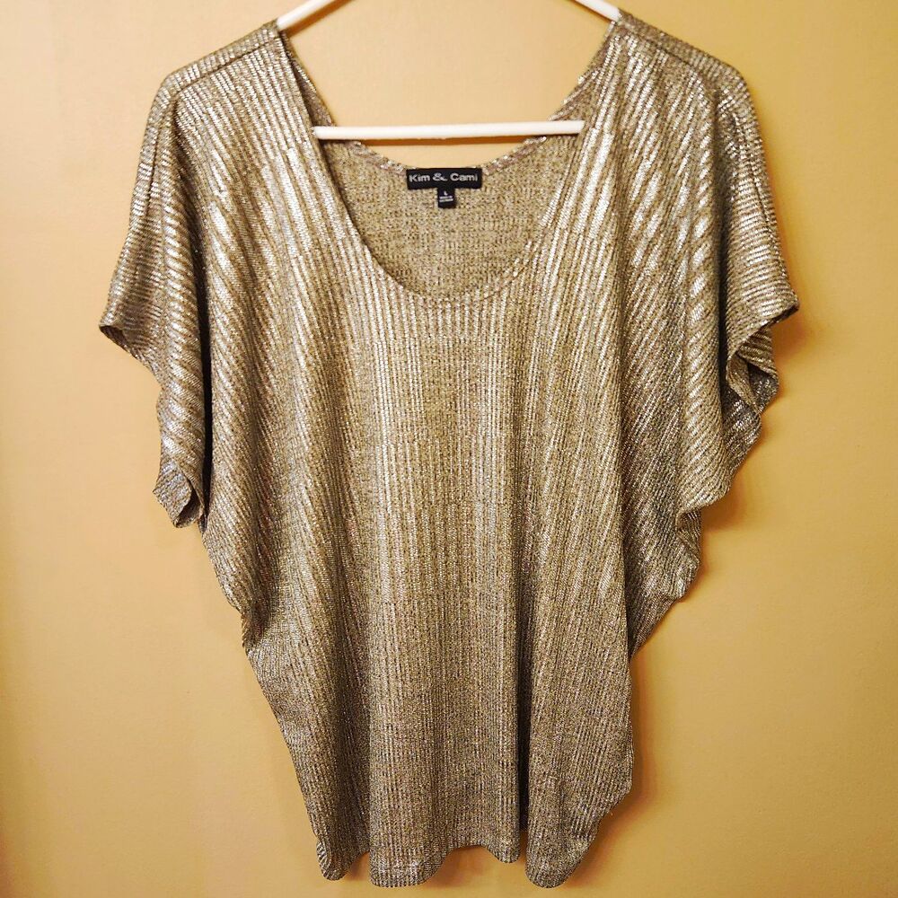 Kim & Cami Women's L Metallic Gold Silver Top Dolman Sleeve Shimmer Glam Party